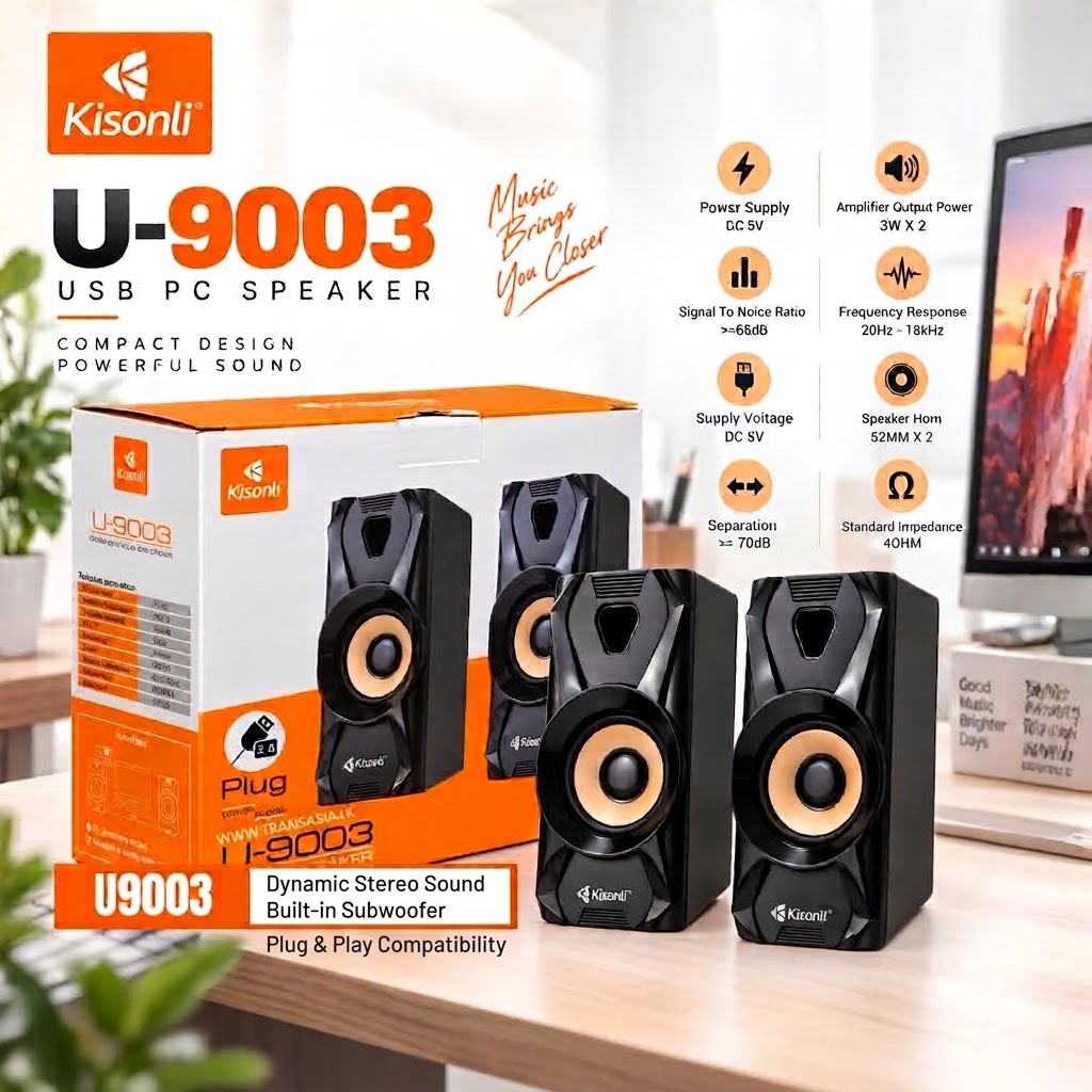 Kisonli U-9003 2.0 USB PC Speakers: Desktop Audio with 3.5mm Jack & 6W Power